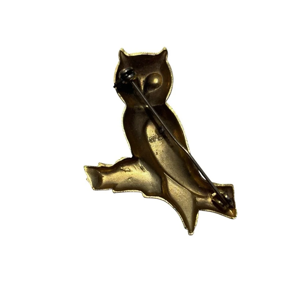 Vintage  Spain Gold Tone Intricate Damascene style Red Eye Owl Bird Brooch Pin